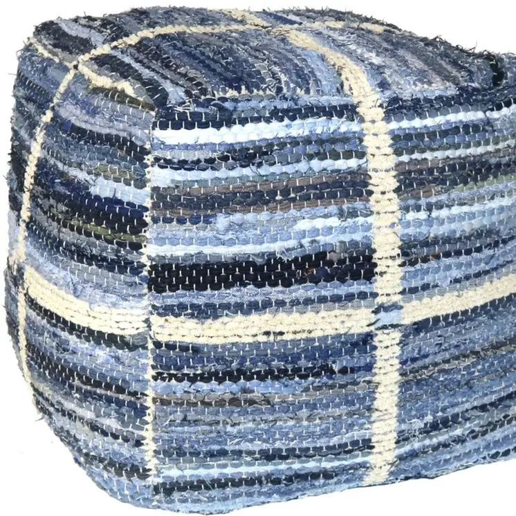 18" Blue Cotton Striped Pouf Ottoman