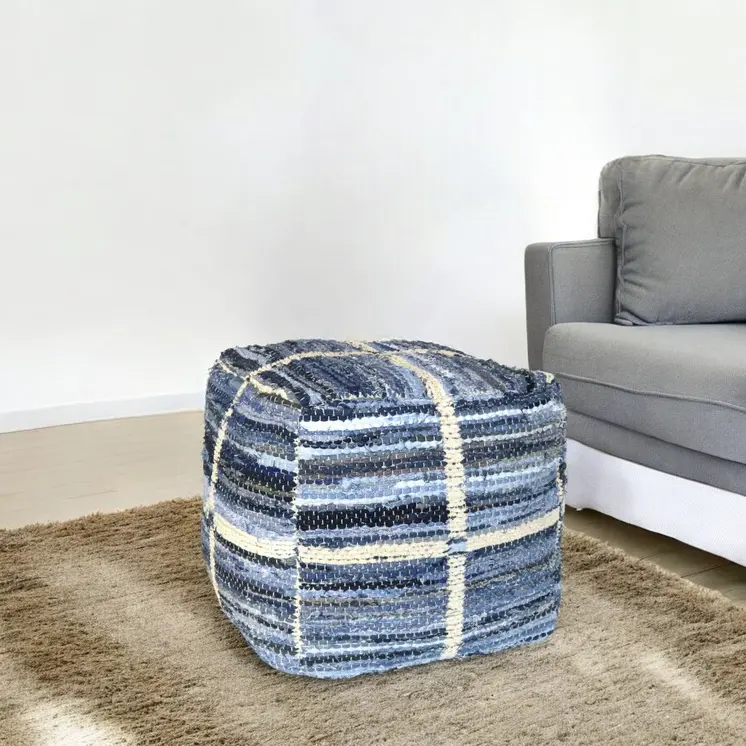 18" Blue Cotton Striped Pouf Ottoman