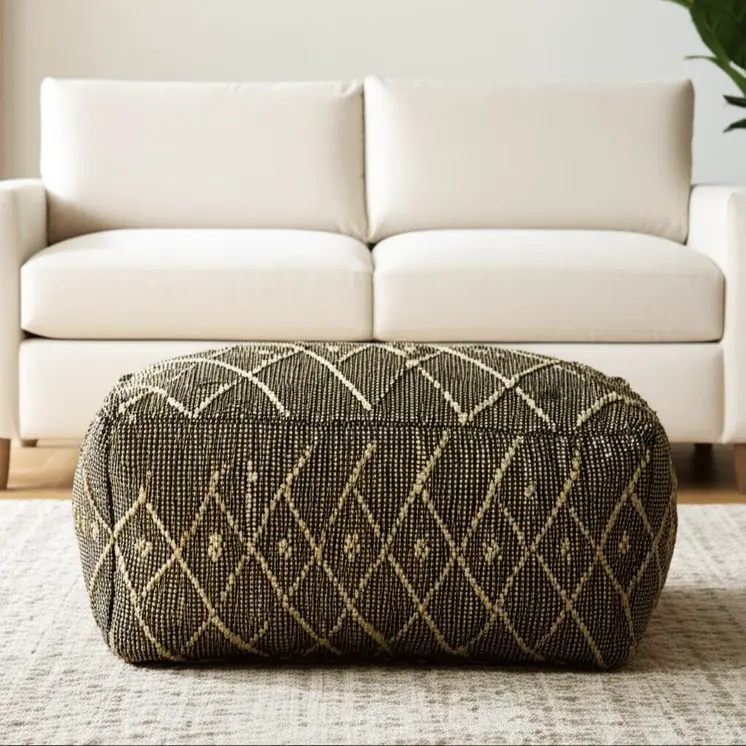21" Black Cotton Geometric Pouf Ottoman