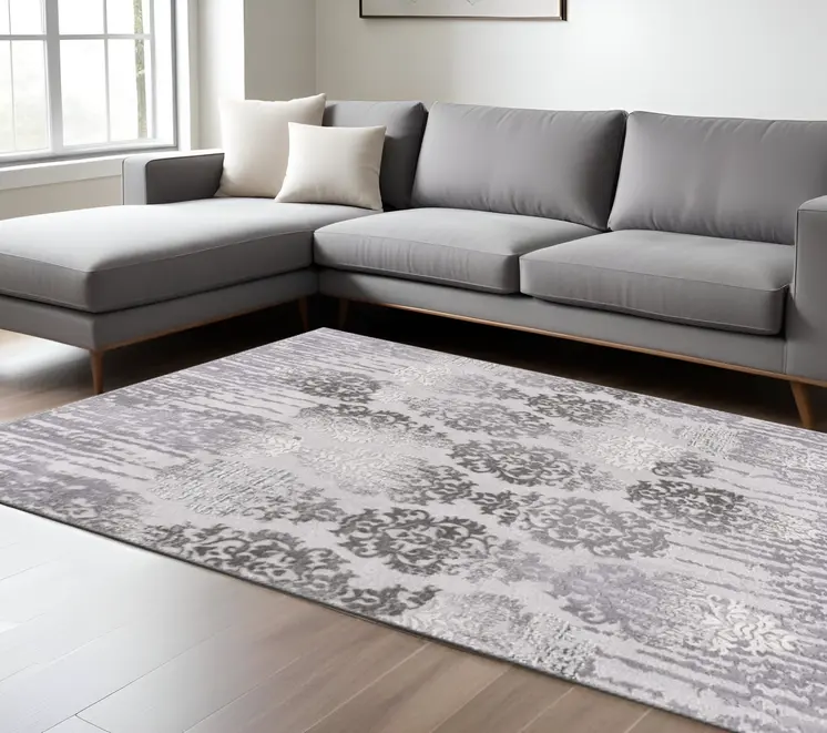 8' X 10' Gray Damask Power Loom Area Rug