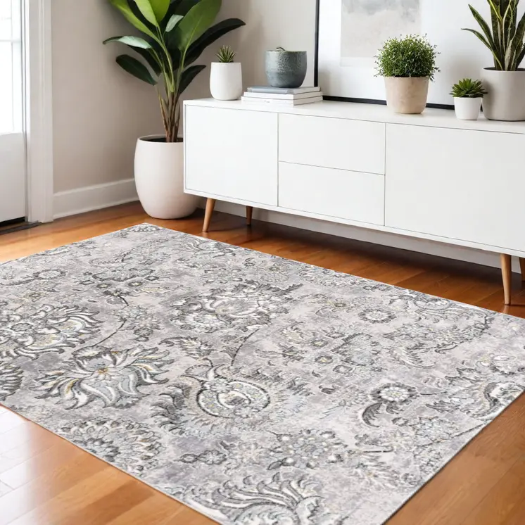 5' X 7' Gray Damask Power Loom Area Rug
