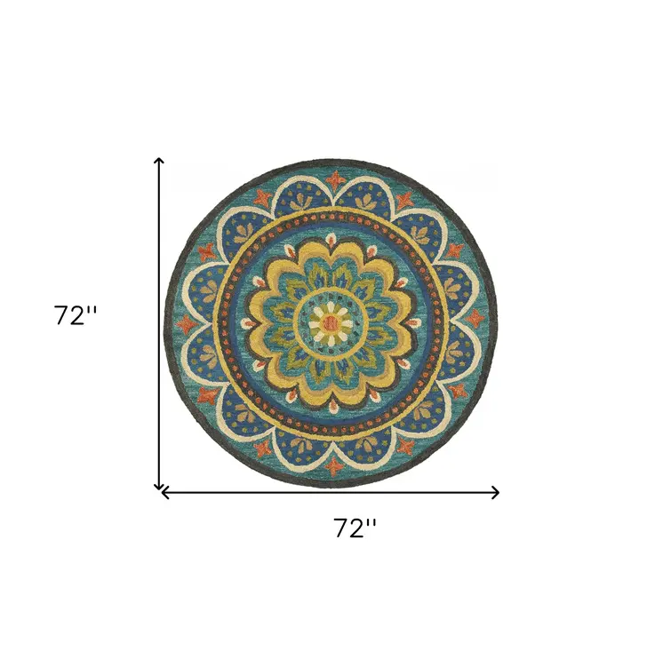 6' Blue Round Wool Geometric Hand Tufted Area Rug
