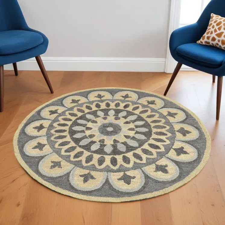 6' Gray Round Wool Geometric Hand Tufted Area Rug