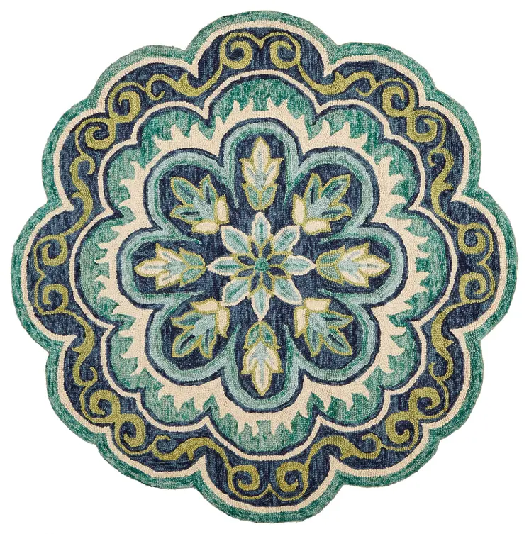 4' Round Green Floral Artwork Area Rug