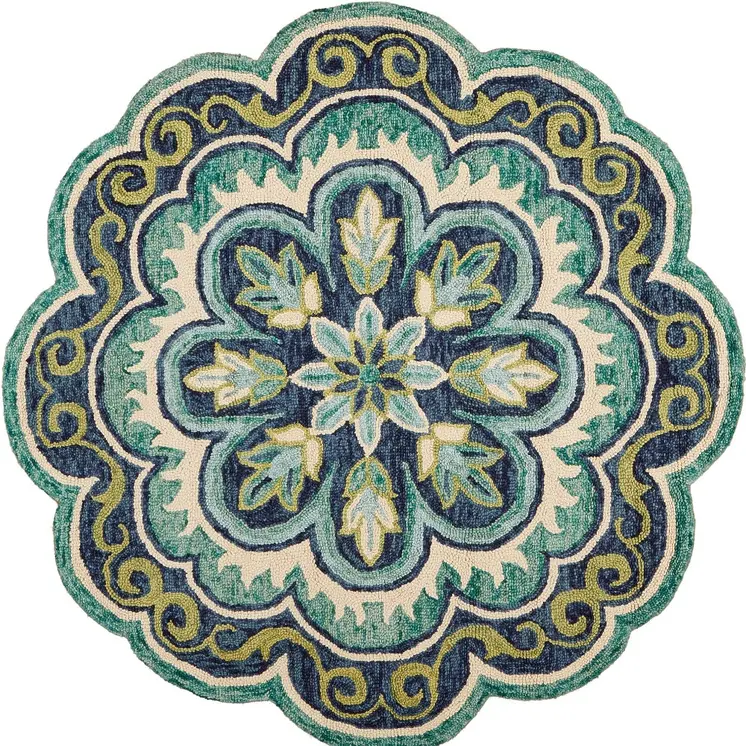 6' Green And Ivory Wool Geometric Hand Tufted Round Rug