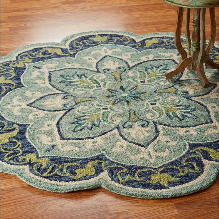 6' Blue And Green Wool Geometric Hand Tufted Round Rug