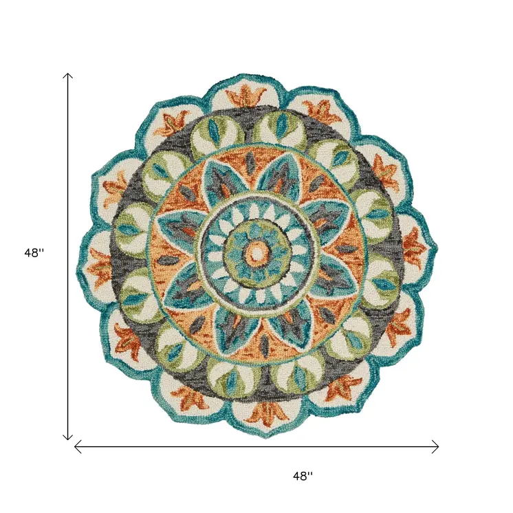 4' Round Blue And Orange Medallion Area Rug