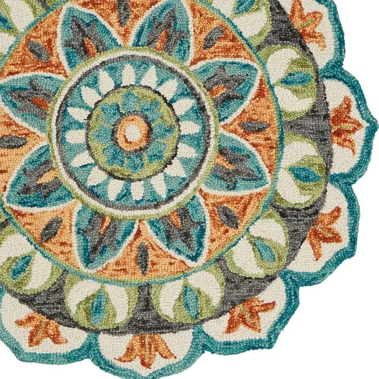 6' Blue And Green Wool Geometric Hand Tufted Round Rug