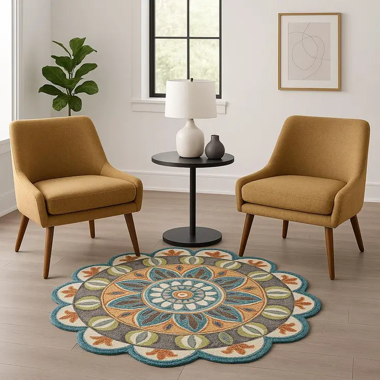 6' Blue And Green Wool Geometric Hand Tufted Round Rug