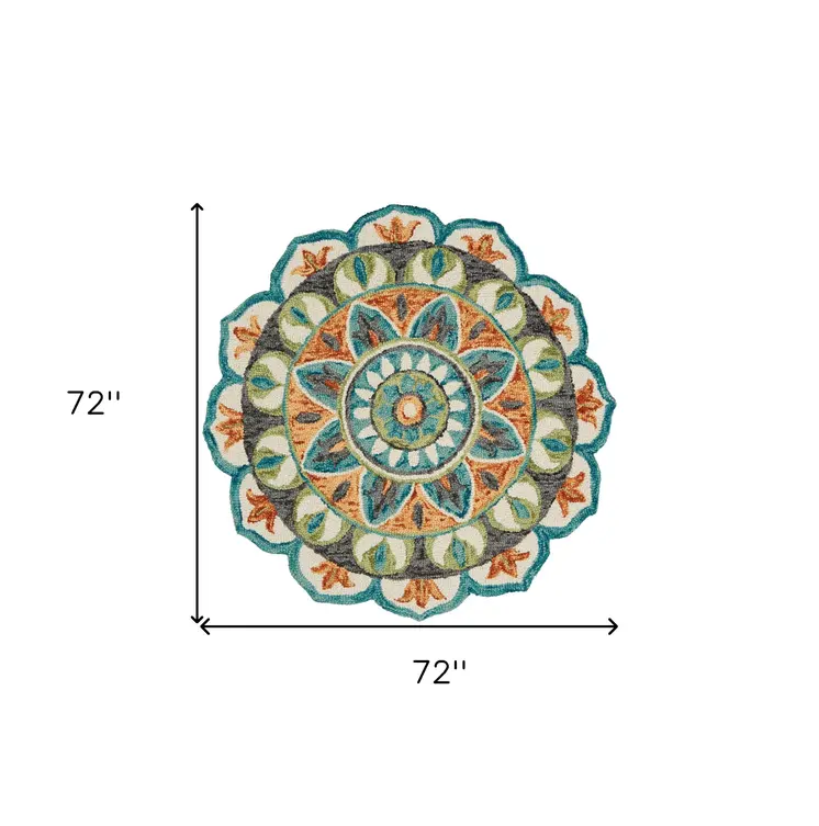 6' Blue And Green Wool Geometric Hand Tufted Round Rug