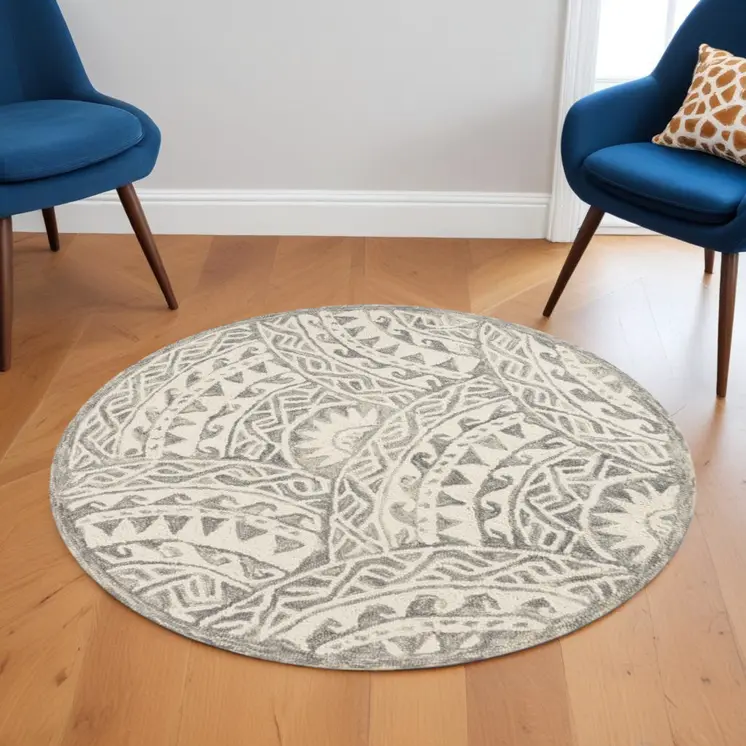 6' Gray Round Wool Geometric Hand Tufted Area Rug