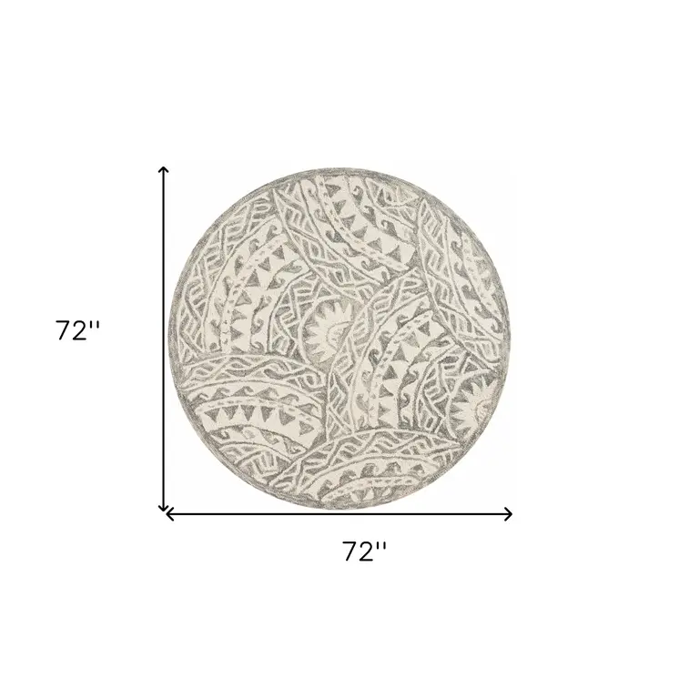 6' Gray Round Wool Geometric Hand Tufted Area Rug