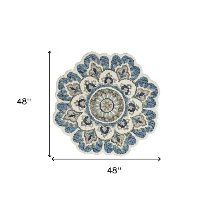 4' Blue and Cream Round Wool Floral Medallion Hand Tufted Area Rug