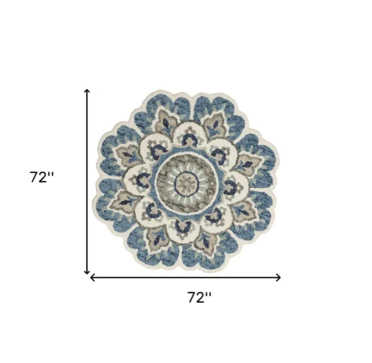 6' Ivory Teal Blue and Green Wool Hand Tufted Round Rug