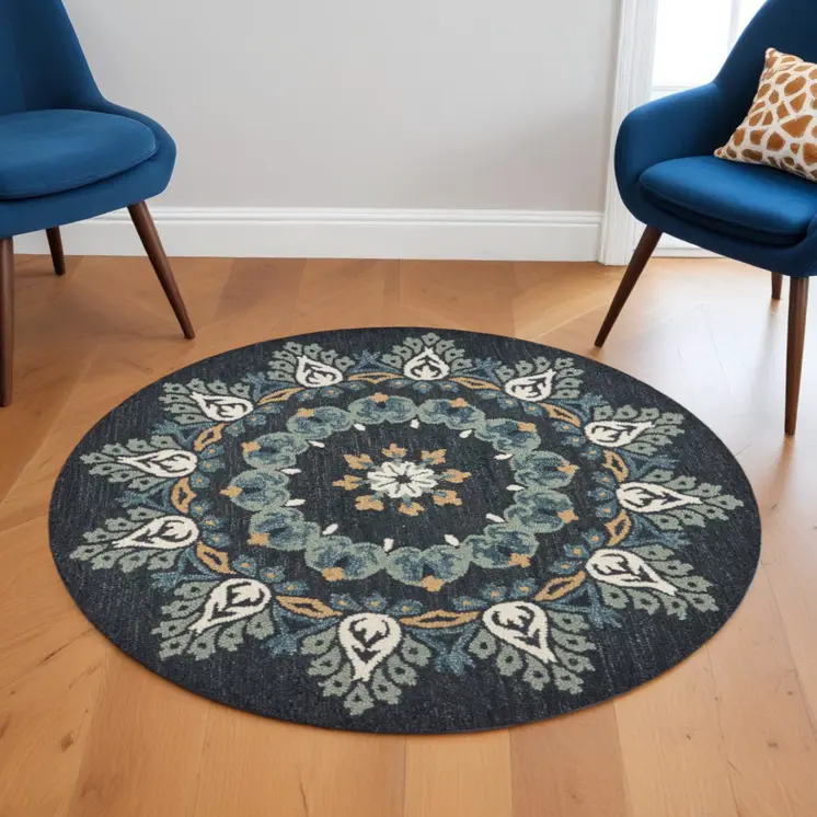 6' Round Black Floral Paradise Area Rug