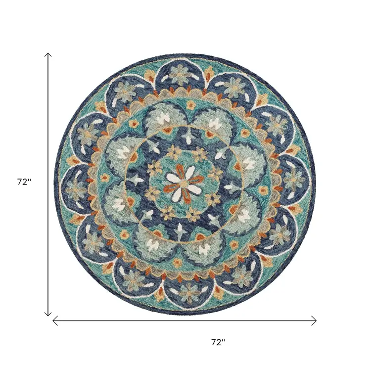 6' Blue And Green Round Wool Floral Hand Tufted Area Rug