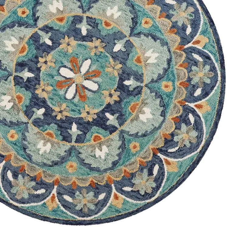 6' Blue And Green Round Wool Floral Hand Tufted Area Rug