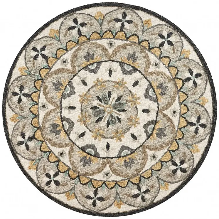 4' Round Gray And Ivory Floral Bloom Area Rug