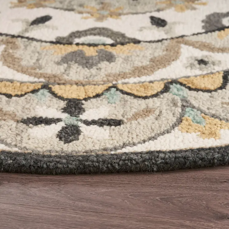 4' Round Gray And Ivory Floral Bloom Area Rug