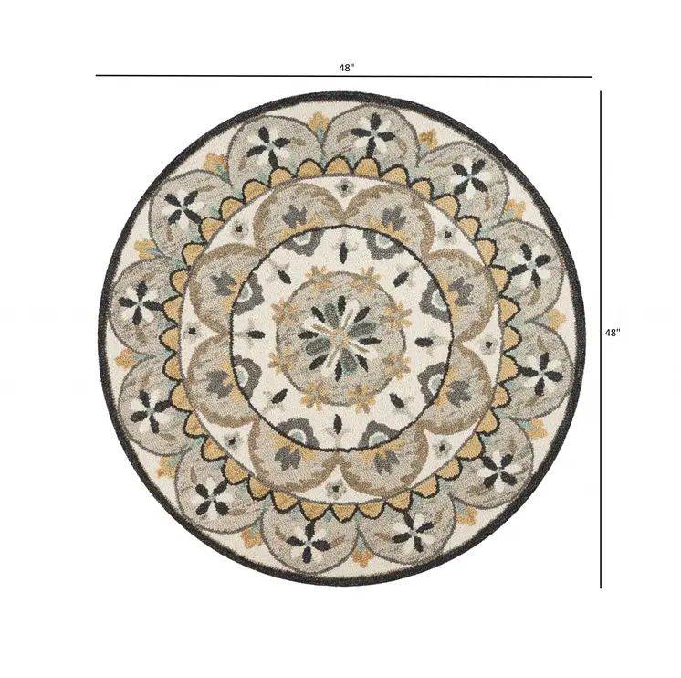 4' Round Gray And Ivory Floral Bloom Area Rug