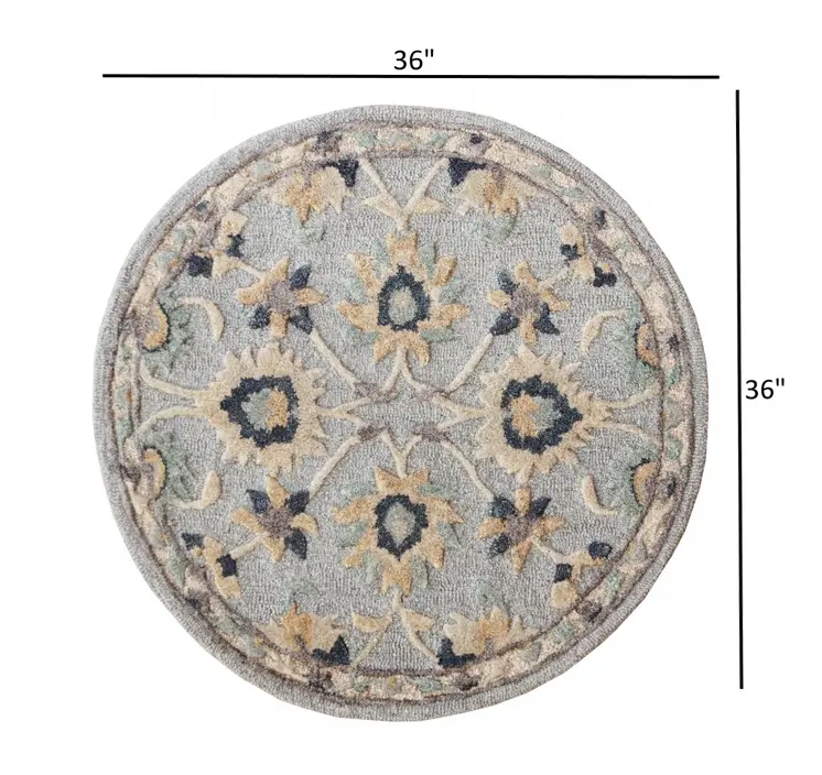 3' Beige And Blue Wool Floral Hand Woven Round Rug