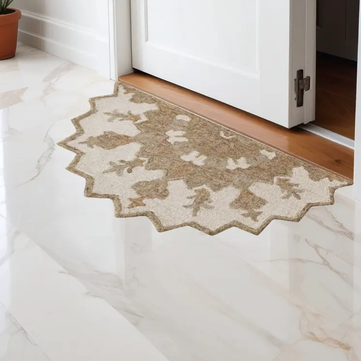 2' X 4' Tan and Beige Wool Medallion Hand Woven Half Circle Area Rug