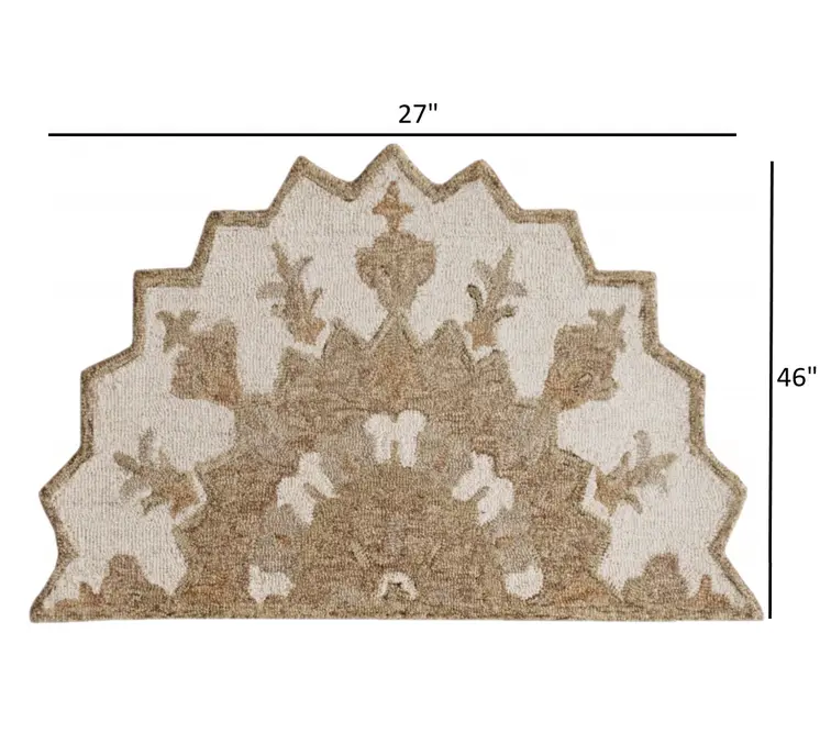 2' X 4' Tan and Beige Wool Medallion Hand Woven Half Circle Area Rug