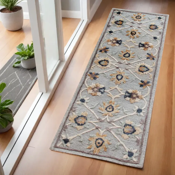 2' X 7' Blue And Beige Floral Runner Rug