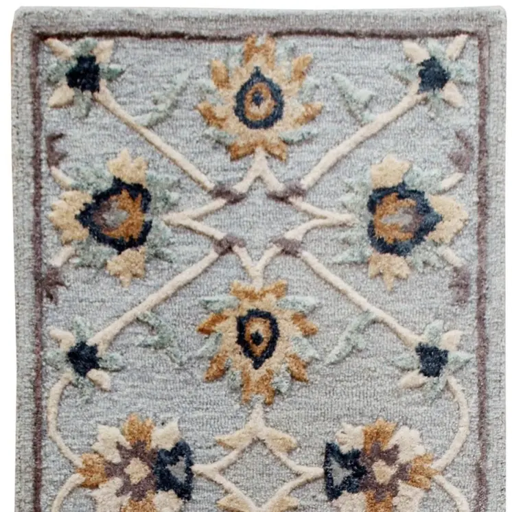2' X 7' Blue And Beige Floral Runner Rug