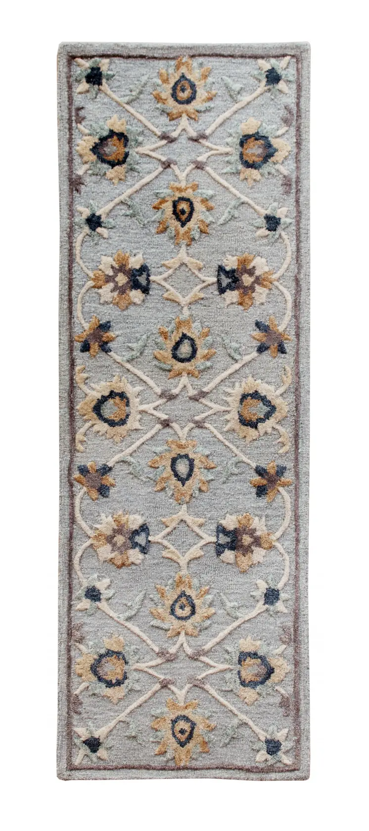 2' X 7' Blue And Beige Floral Runner Rug