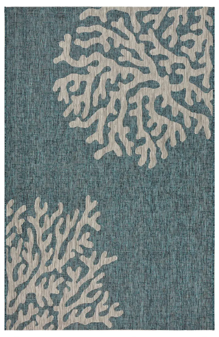 5' X 7' Blue And Gray Coral Indoor Outdoor Area Rug