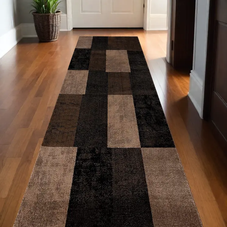 20' Brown And Black Geometric Distressed Runner Rug