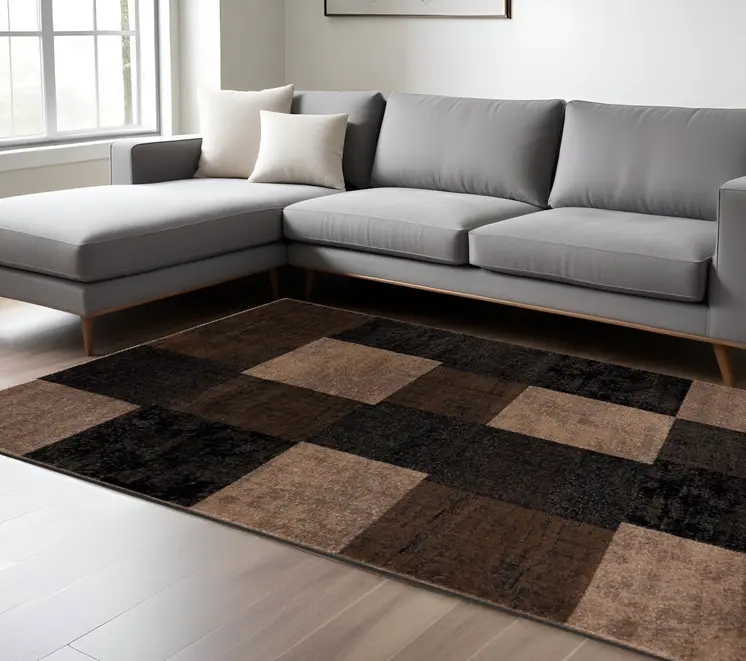 8' X 11' Black And Brown Geometric Distressed Area Rug