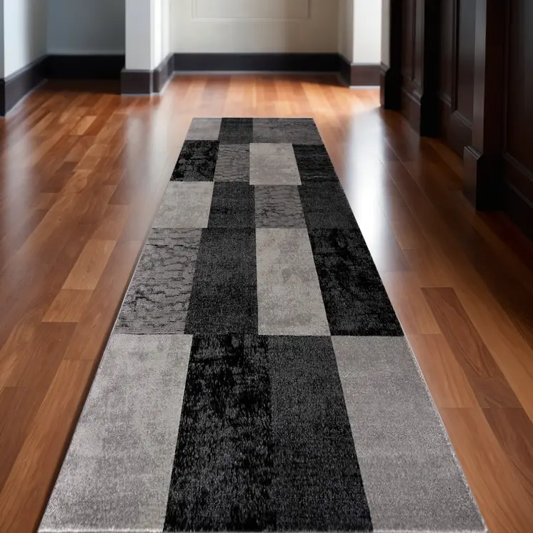 15' Gray Checkered Power Loom Runner Rug