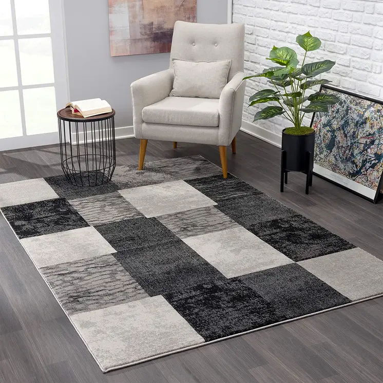 20' Black And Gray Geometric Distressed Runner Rug