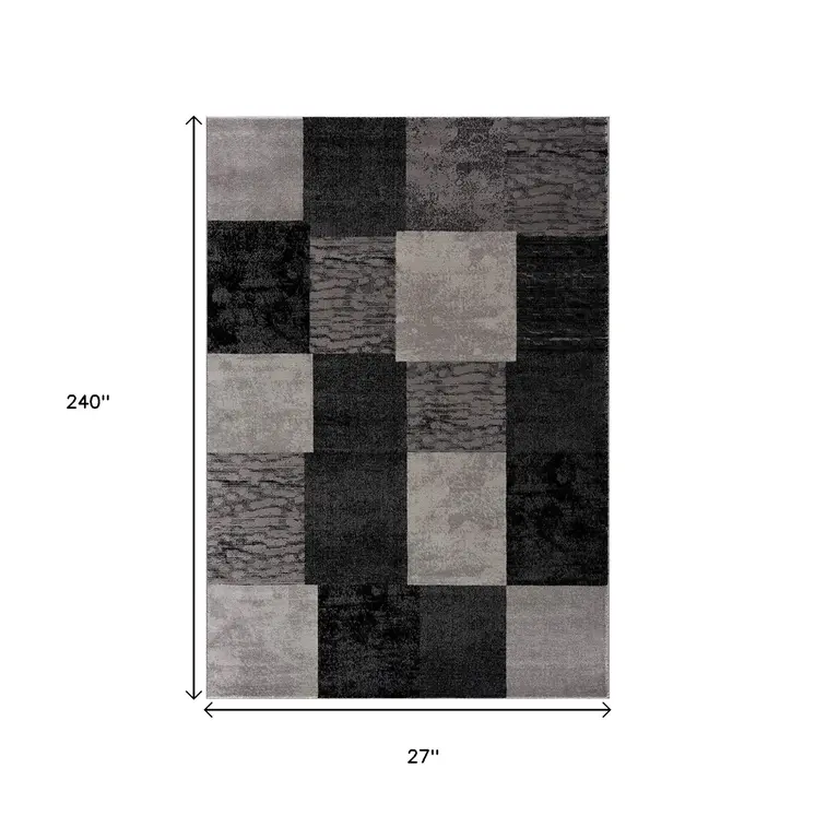 20' Black And Gray Geometric Distressed Runner Rug