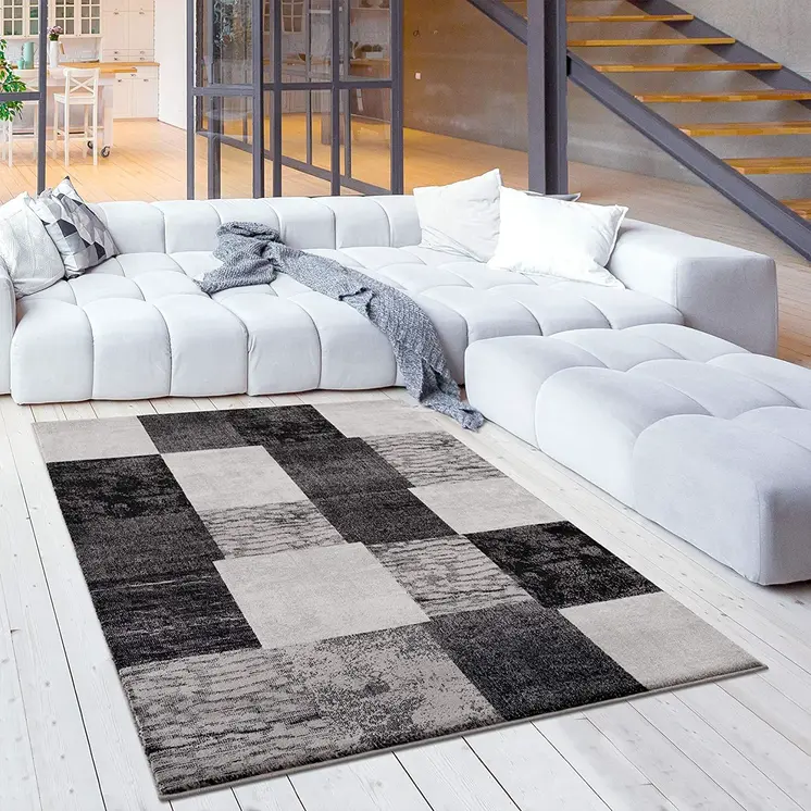 20' Black And Gray Geometric Distressed Runner Rug