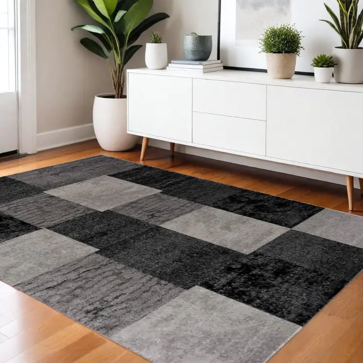 4' X 6' Gray Checkered Power Loom Area Rug
