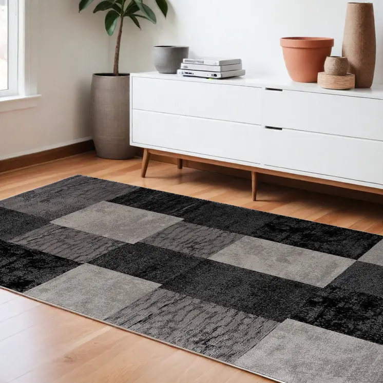 8' X 11' Black And Gray Geometric Distressed Area Rug
