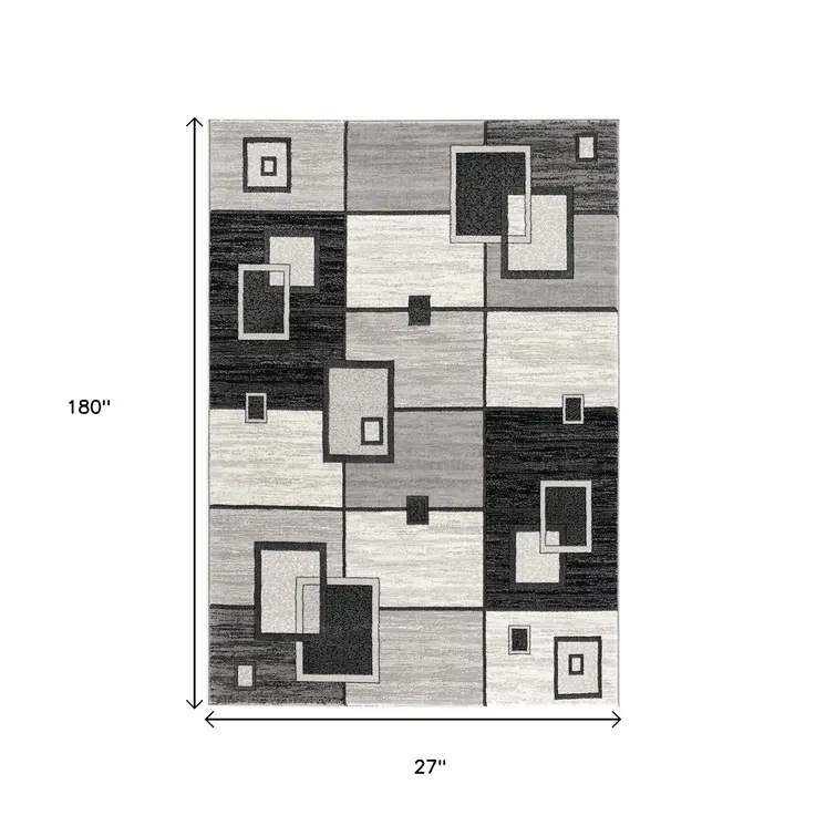 15' Gray And Black Geometric Distressed Runner Rug