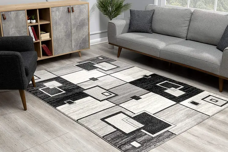 15' Gray And Black Geometric Distressed Runner Rug