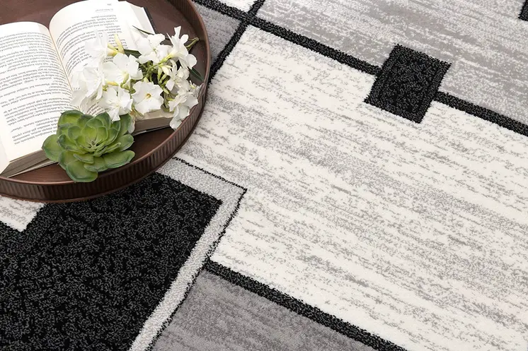 15' Gray And Black Geometric Distressed Runner Rug