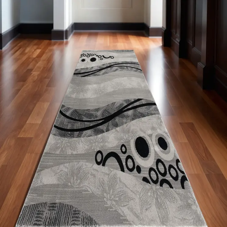 13' Gray And Black Abstract Shag Runner Rug