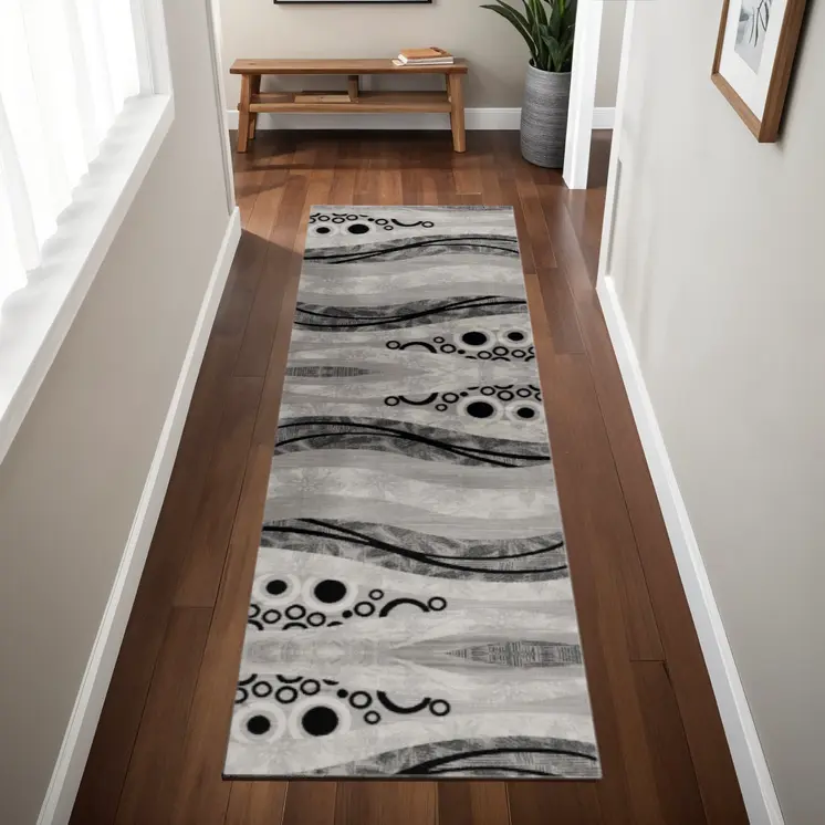 8' Grey Abstract Power Loom Runner Rug