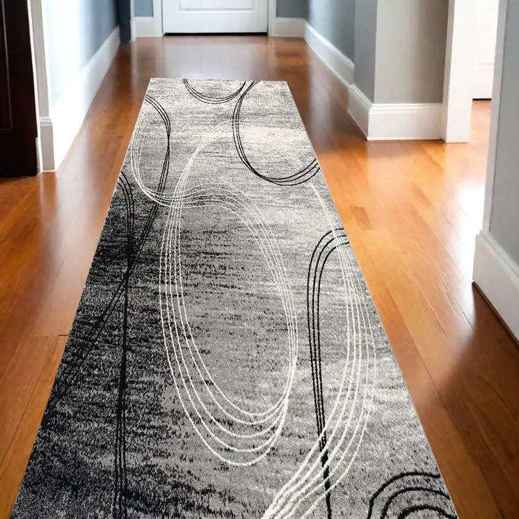13' Gray And Black Abstract Distressed Runner Rug