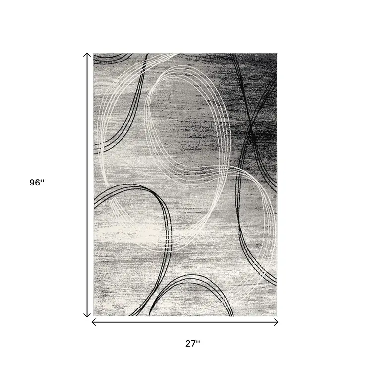8' Gray and Black Abstract Power Loom Distressed Runner Rug