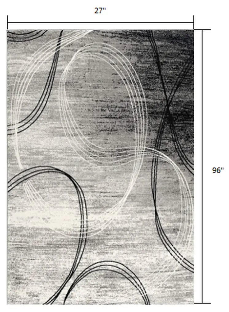 8' Gray and Black Abstract Power Loom Distressed Runner Rug