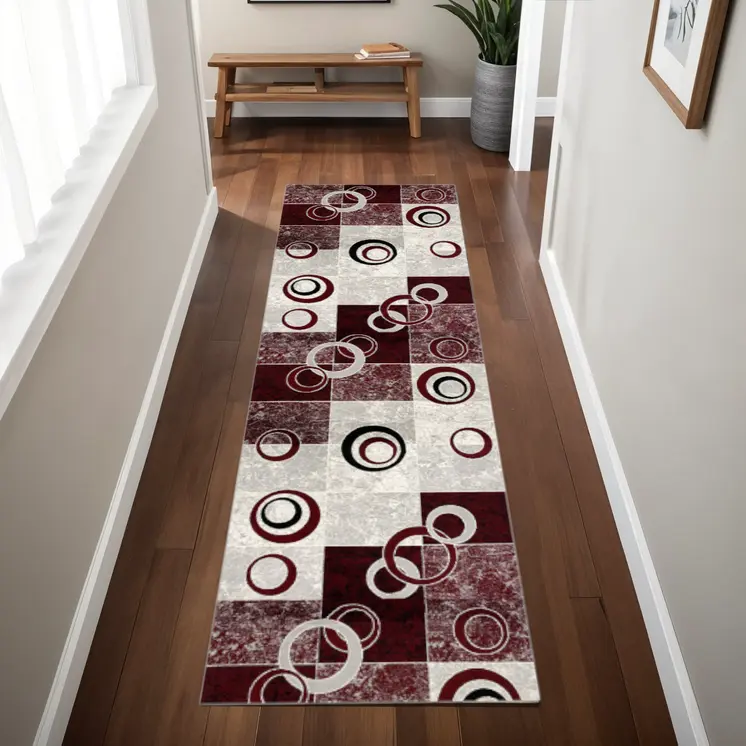 8' Red Abstract Power Loom Runner Rug
