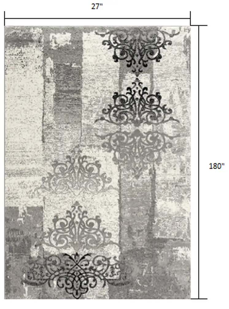 15' Gray Damask Dhurrie Runner Rug