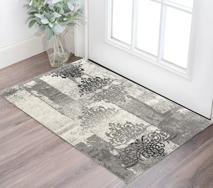 2' X 4' Gray Damask Dhurrie Area Rug